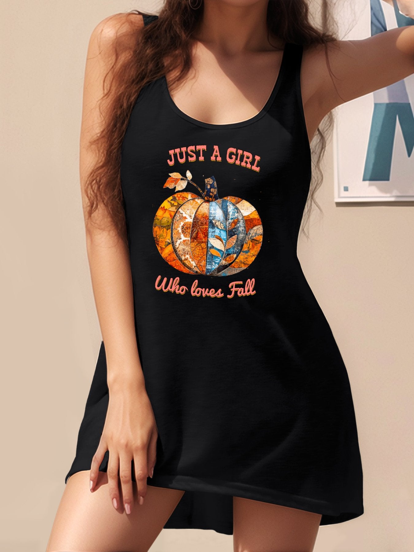 Just a Girl Who Loves Fall Women's Tank Dress (Front Printing) Black / 2XL Just a Girl Who Loves Fall Women's Tank Dress (Front Printing) Black / 2XL