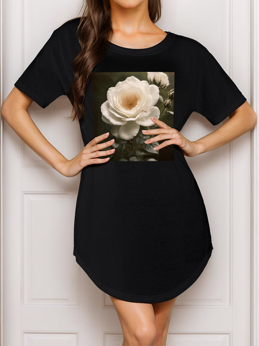 White Rose T-Shirt Dress Gown for Women (Front Printing)