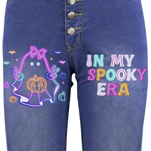 Women's Retro Halloween Neon Decorated Jeans with Front Printing