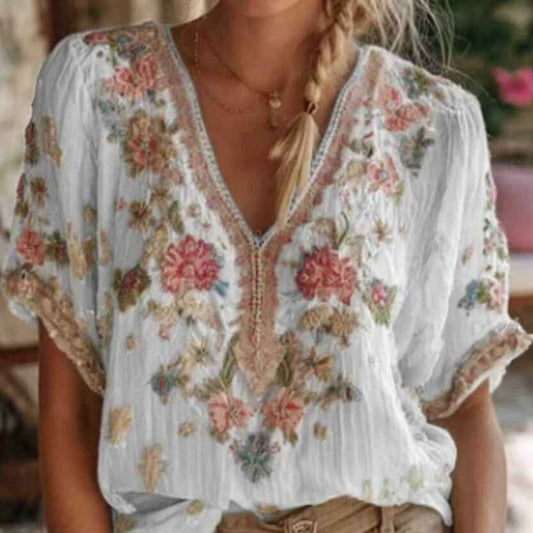 Women's Artistic Boho V-neck Short Sleeve Blouse – 3D Print