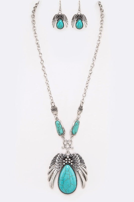 Stone Drop Wings Pendant Necklace Set