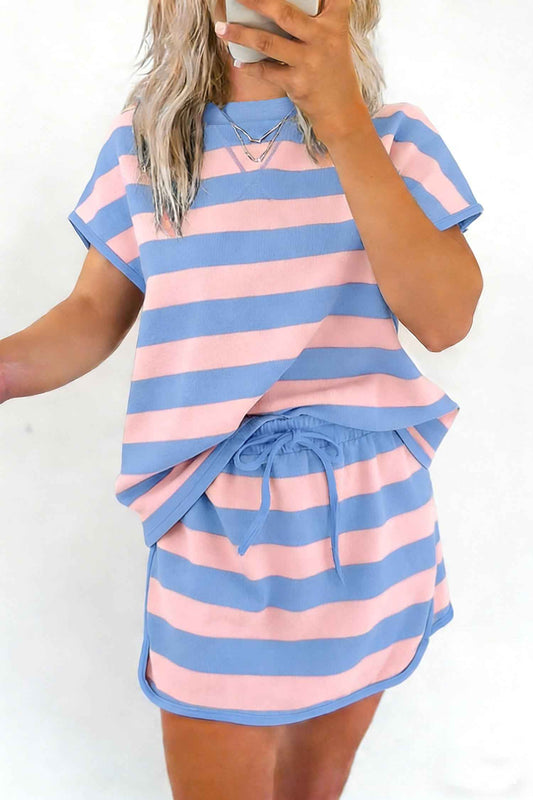 Pink Stripe Dolman Tee Drawstring Skort Athletic 2pcs Set