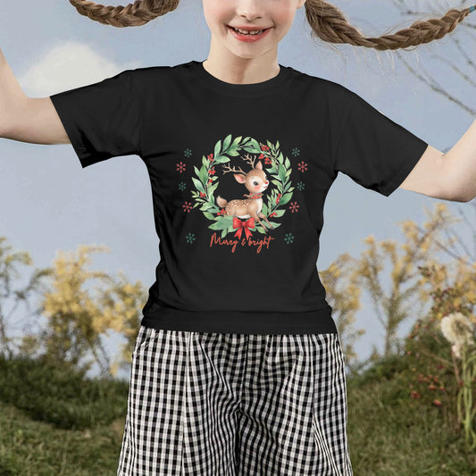Merry & Bright Reindeer Christmas Kids' Black T-Shirt (Made in USA)
