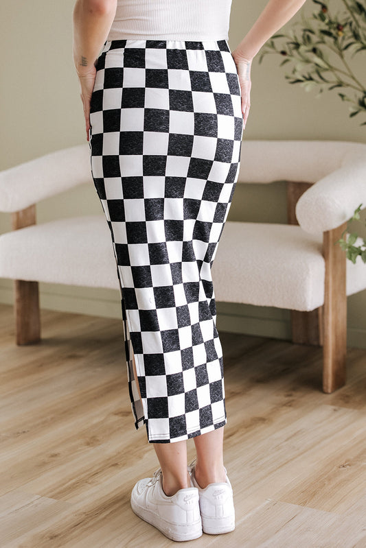 Women's Black & White Checkered Side Slit High Waist Midi Skirt