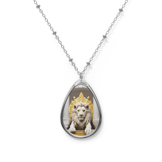 White Lion on Golden Throne Oval Necklace