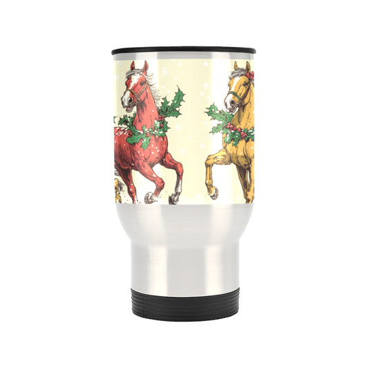 Taza de viaje plateada con diseño de caballos en Navidad, 14 oz (fabricada en EE. UU.)