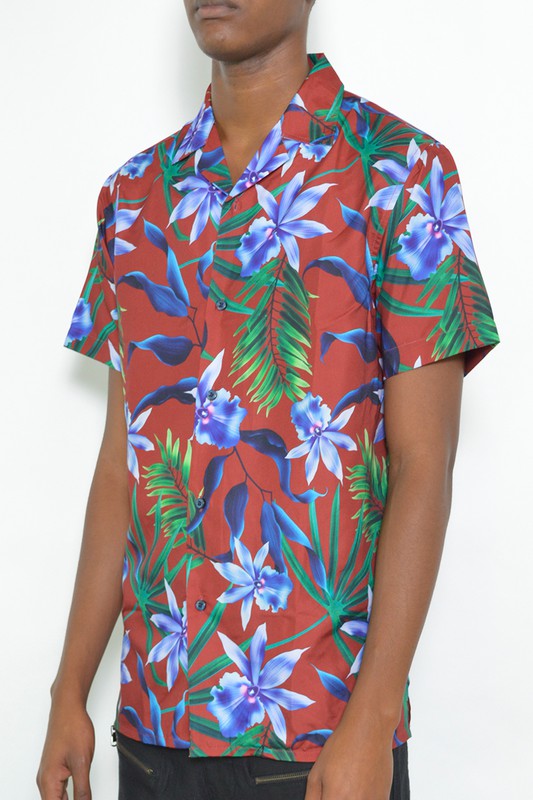 Camisa hawaiana tropical roja de manga corta con botones para hombre