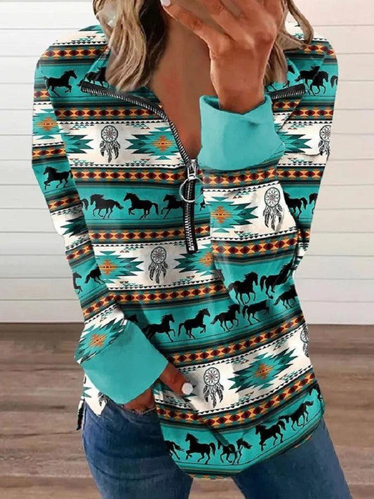 Western Style Zipper Sweater | Cowgirl Chic Pullover with Horse Print