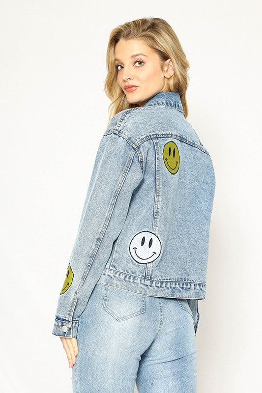 Women's Embroidered Smiling Face Denim Jacket