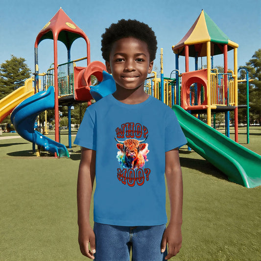 Who? Moo? Highland Cow Kids Crew Neck T-shirt