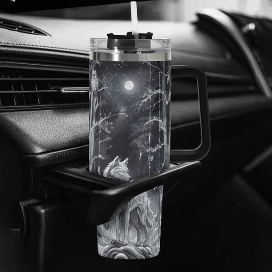 Ethereal Wolf in the Moonlight 40oz Stainless Steel Tumbler With Black Handle (Made in USA)