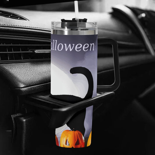 Happy Halloween Black Cat & Pumpkins 40oz Stainless Steel Tumbler With Black Handle (Made in USA)