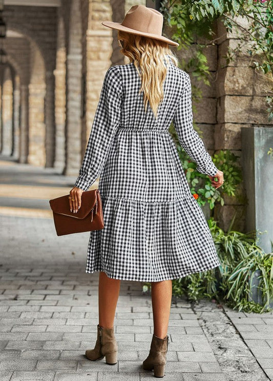 Gingham Long Sleeve Tiered Midi dress