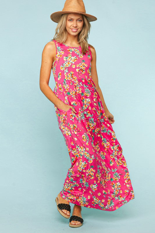 Vestido largo con estampado floral fucsia y bolsillos para mujer