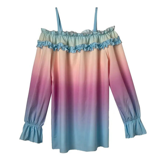 Women's Pastel Gradient Summer Off Shoulder Ruffle Long Sleeve Blouse