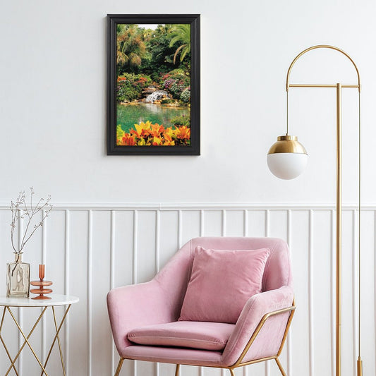 Serene Tropical Garden and Waterfall European Style Framed Art Print - 16" × 24"