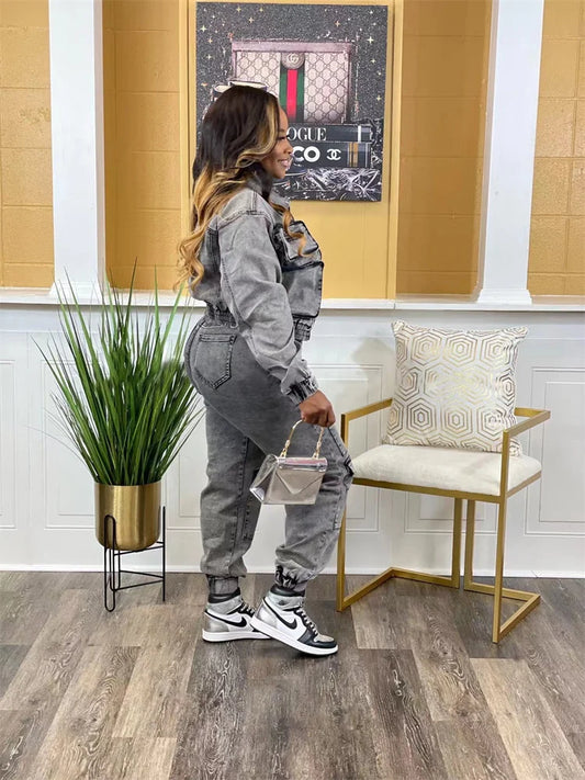 Wmstar Denim 2 Piece Set Women Jacket and Cargo Pants