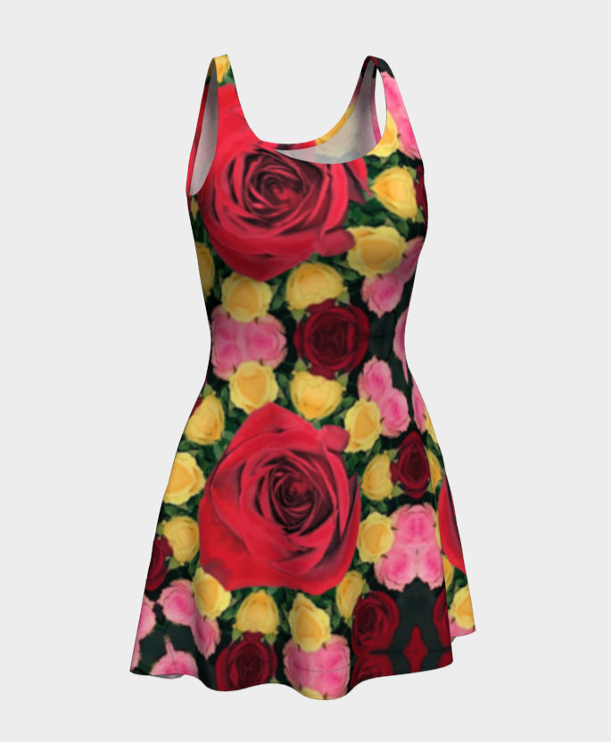 Women's Red and Yellow Roses Flared Bottom Mini Dress Xs Women's Red and Yellow Roses Flared Bottom Mini Dress Xs