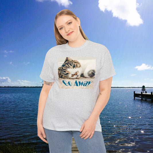 Sleepy Cat Says Go Away Unisex Heavy Cotton T-shirt up to 5XL