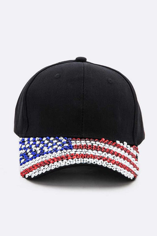 Gorra de béisbol con visera de diamantes de imitación y bandera de EE. UU.