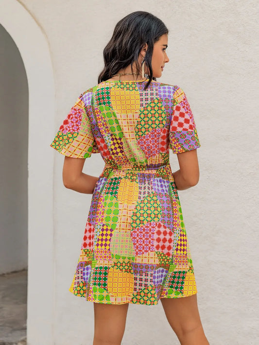 Women's Patchwork Crochet Style Printed V-neck Short Sleeve Mini Dress