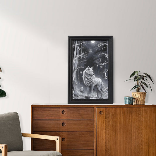 Ethereal Wolf in the Moonlight Framed Vertical Canvas Wall Art Print - 16" × 24"