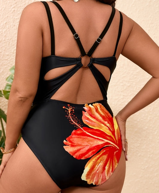 Women's Plus Size Orange Tropical Flower One-piece Swimsuit
