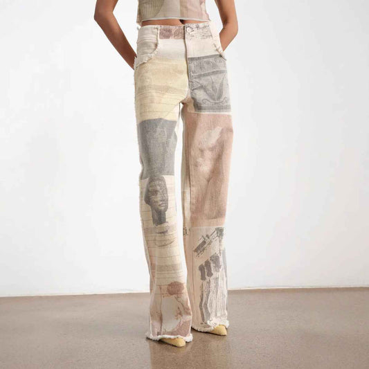 Retro loose print design with wide leg straight leg and floor length denim pants
