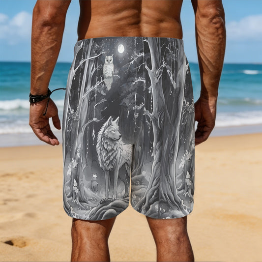 Wolf in Moonlit Forest Men's All Over Print Swim Shorts | Ships from USA