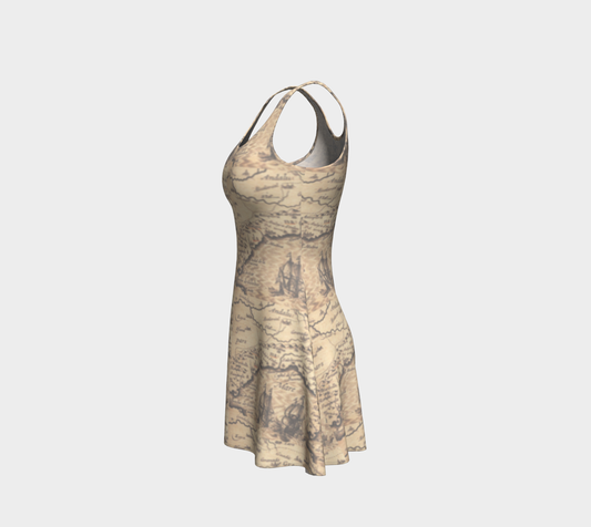 Old World Map Beige Sleeveless Short Flared Dress