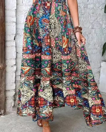 Boho Chic Paisley Smocked Short Sleeve Midi Dress