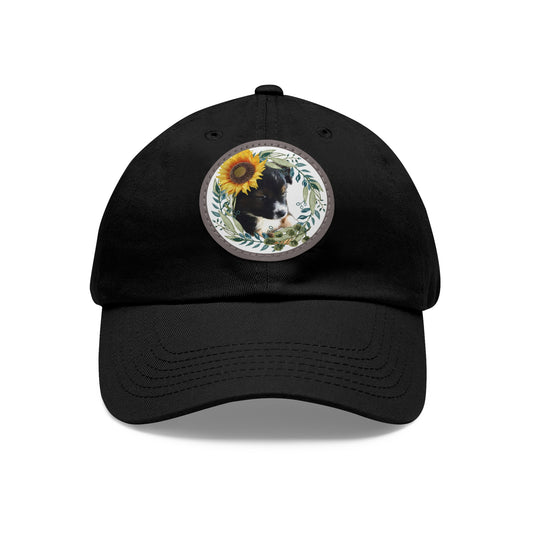 Cute Black Puppy with Sunflowers Hat with Round Leather Patch - Shell Design Boutique