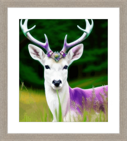 Majestic White and Purple Deer with Large Antlers Framed Print - Shell Design Boutique