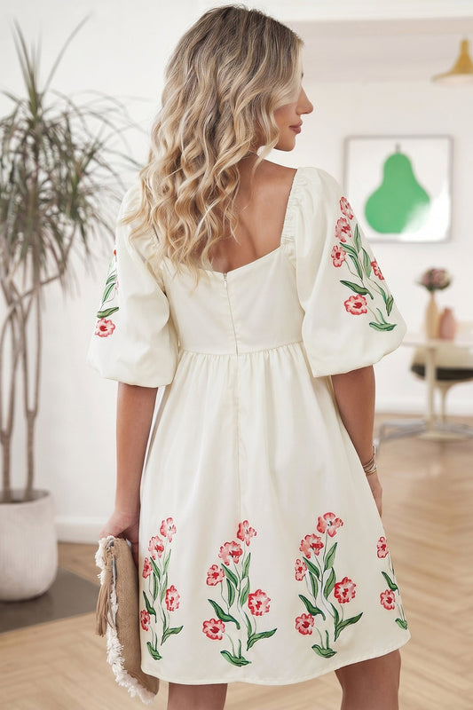 Beige Floral Print Puff Sleeve Babydoll Short Dress