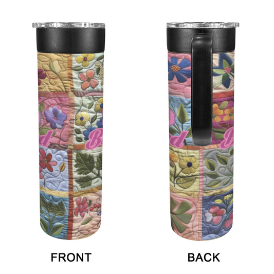 Sew Blessed Quilted Design 20 oz Insulated Water Bottle with Handle | Ships from USA