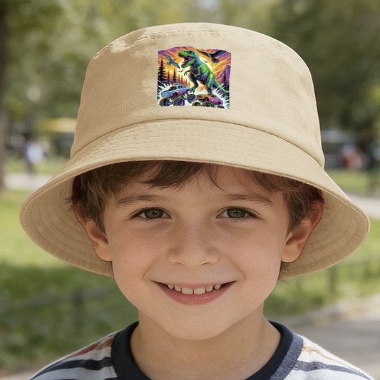 Child wearing a beige bucket hat with a colorful design in an outdoor setting