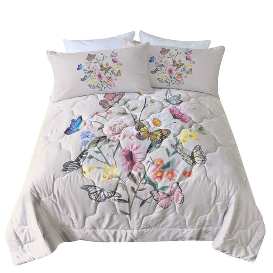 Khaki Twin Size Butterfly & Flowers Ultrasoft Comforter Set - 3 piece set