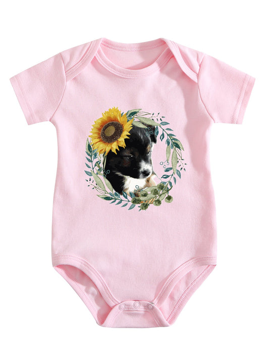 Cute Black Puppy Unisex Cotton Short Sleeve Baby Romper
