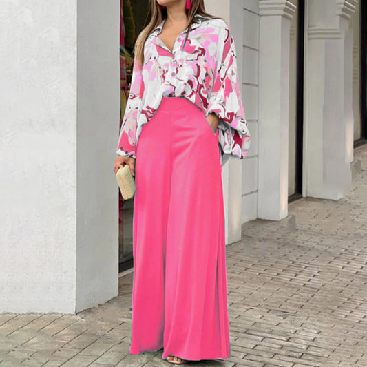Elegant Colorful Printed Shirt plus Wide Leg Pants 2-piece Set