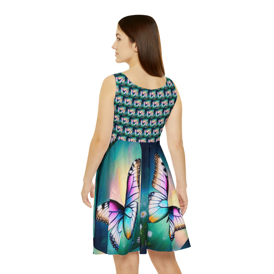 Vestido skater corto de mujer con hermosas mariposas y margaritas