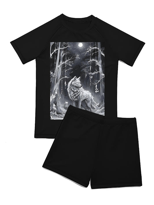 Ethereal Wolf in the Moonlight Short Sleeve 2-piece Swimsuit for Children (Front Printing)