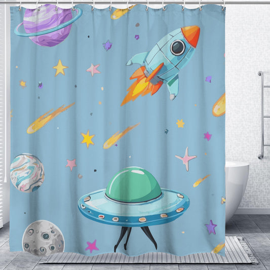 Space Illustration with Rocket Shower Curtain 66x72inch(Made in USA)