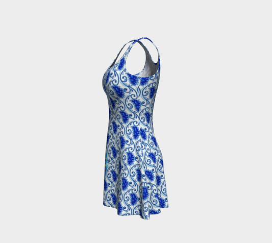 Blue Peacocks Flared Short Dress