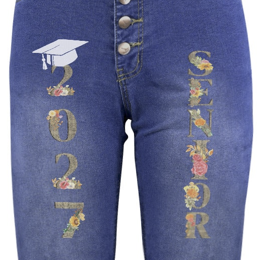 Women's 2027 Senior Floral Decorated Jeans with Front Printing