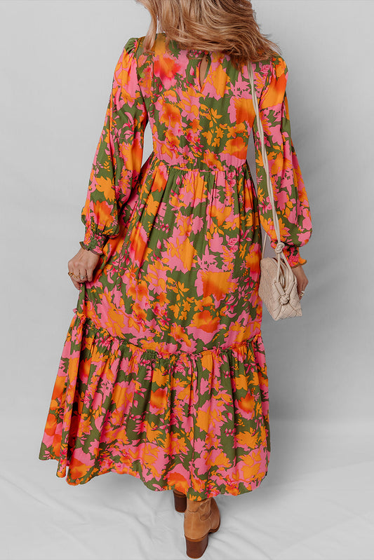 Orange Floral Puff Sleeve Smocked Ruffle Maxi Dress