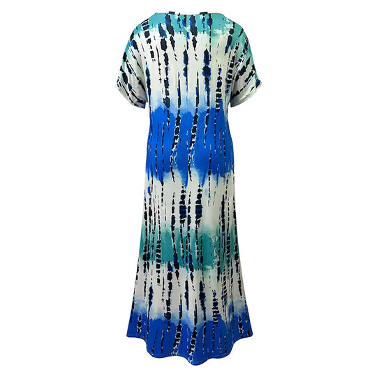 Women's Summer Tie Dye Short Sleeve V-neck Casual Loose Maxi Dress