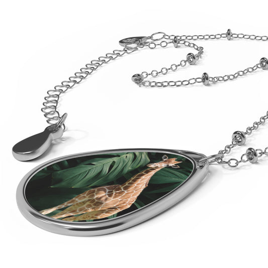 Tall Giraffe Surrounded by Greenery Oval Necklace