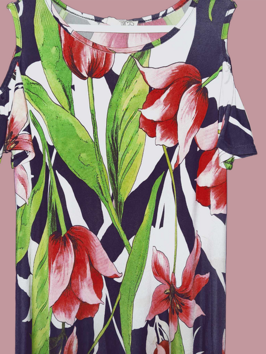 Blooms in the City Cold Shoulder Red and Green Blouse