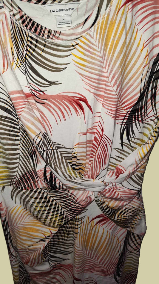 Vestido corto con cintura anudada y hojas de palmera blancas de Liz Claiborne (nuevo con etiquetas)