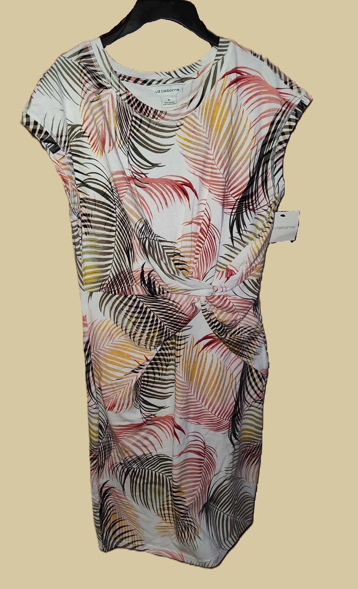 Liz Claiborne White Palm Leaves Knotted Waist Short Dress